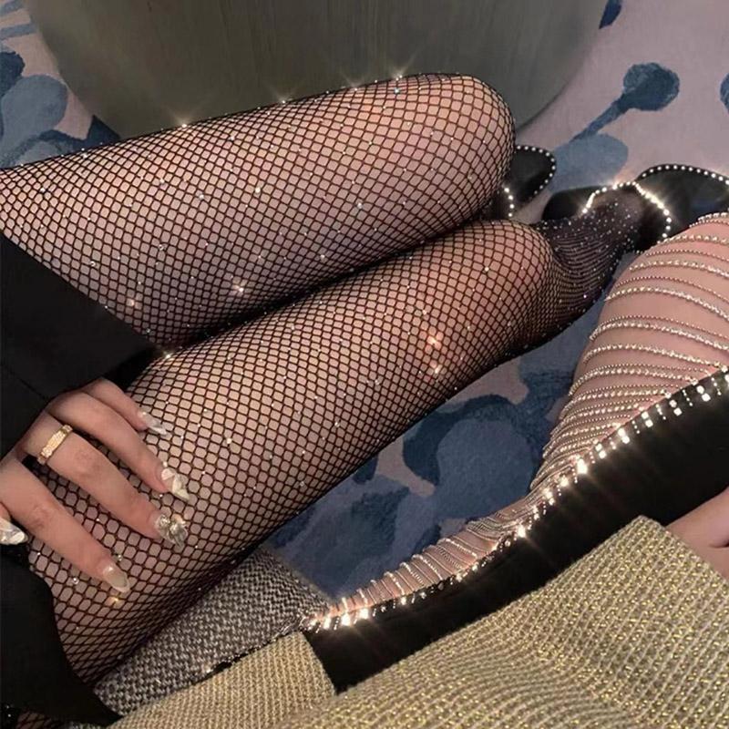 Summer Fishnet Diamond Pantyhose for Women Sexy Fashion Shiny Net Tights Female Slim Rhinestone Mesh Nylon Stockings Tights