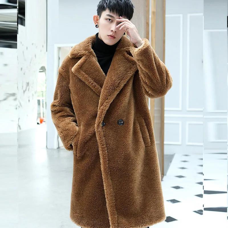 Мужская меховая ветровка, кашемировая парка, зимняя толстая теплая куртка, свободное повседневное пальто, длинное