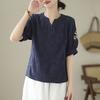 Summer Cotton Linen Jacquard Embroidered T-shirt Artistic Retro Casual Versatile Top for Women Blouses & Shirts