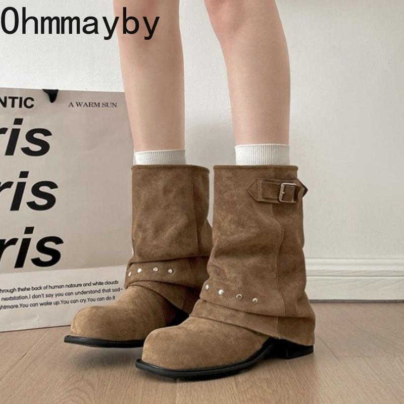 Зимние плиссированные женские западные ботильоны до щиколотки Модные туфли с заклепками и ремешком с пряжкой Женские лаконичные винтажные ботильоны на толстом каблуке