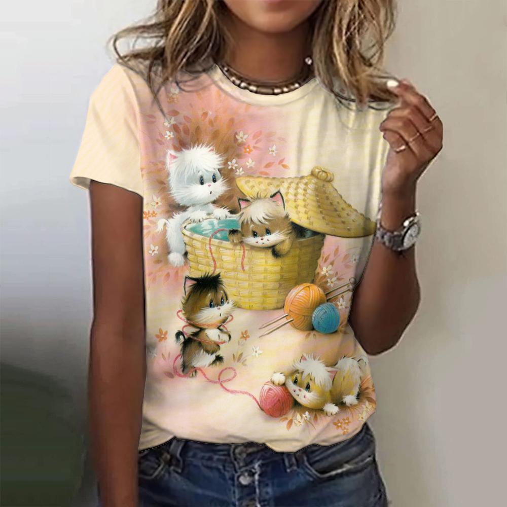 Летние футболки с 3D-принтом животных, собак и кошек, женская уличная одежда, повседневная мода 2000 года, футболки с коротким рукавом, футболки с круглым вырезом, топы, одежда