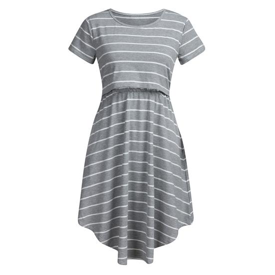 Summer Mother Breastfeeding Dress Openable Front Striped Round Neck Irregular Hem Short Sleeve Pregnant Women Nightdress Midi Dress