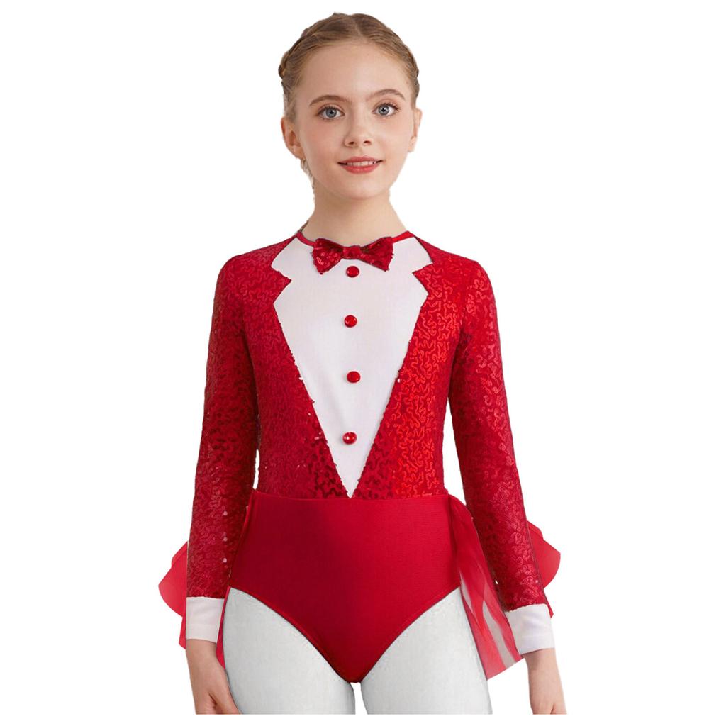 Girls Jazz Dance Costume Sparkly Sequins Bodice Tulle Skirted Leotard Long Sleeve Back Invisible Zipper Bodysuit
