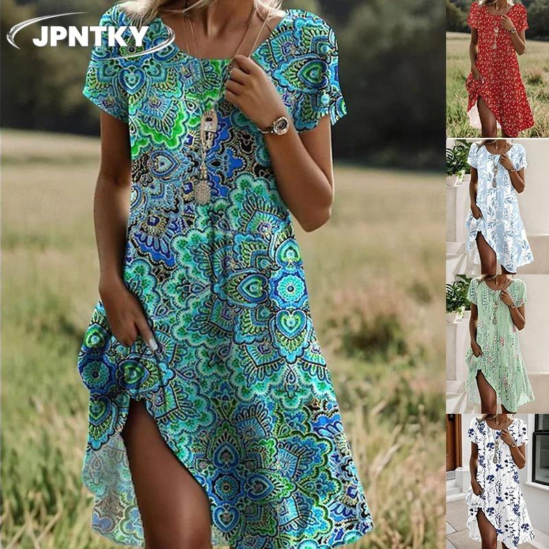 JPNTKY Модные Летние Весенние Повседневные Платья с Короткой Рукавой и Круглым Вырезом