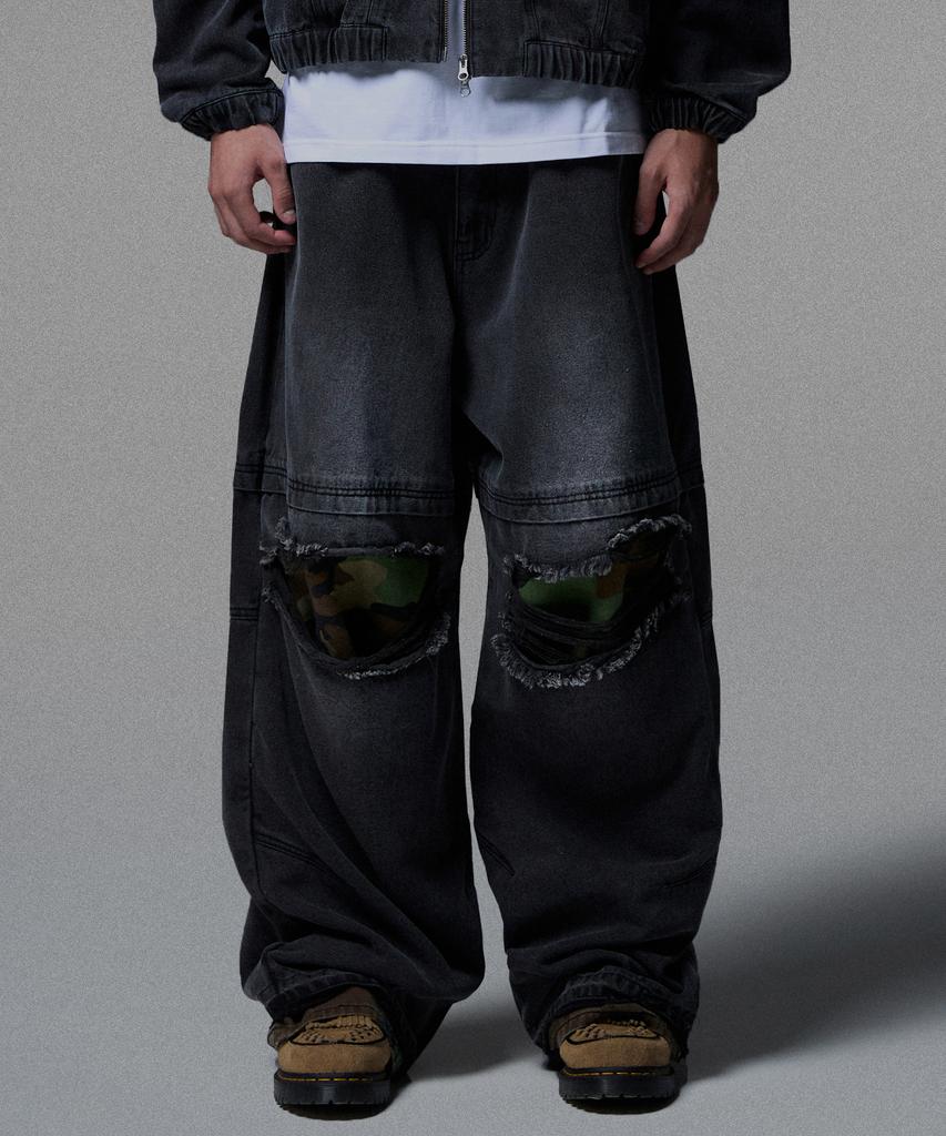 NOT4NERD Camo Patch Work Layered Denim Pants - Black