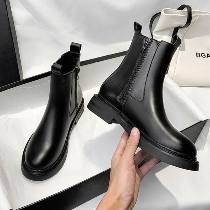 Модные Элегантные на Низком Каблуке Кожаные Теплые Женские Короткие Туфли Круглый Носок Женские Ботильоны Осенне-Зимние Ботильоны Высокого Качества 39 Ботинок