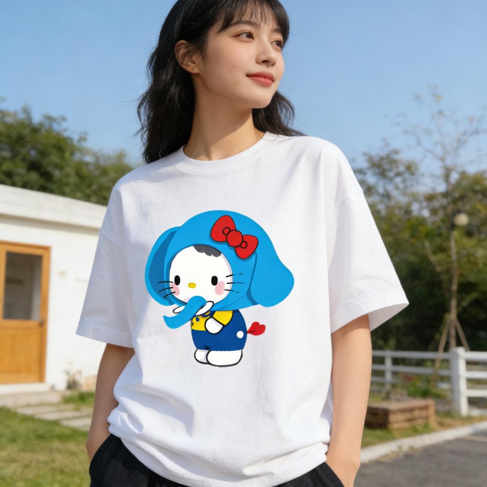 2026 Summer Hello Kitty Cartoon Printed Short Sleeve Pure Cotton Tshirts Womens Family Matching Outfits Classic Versatile Top