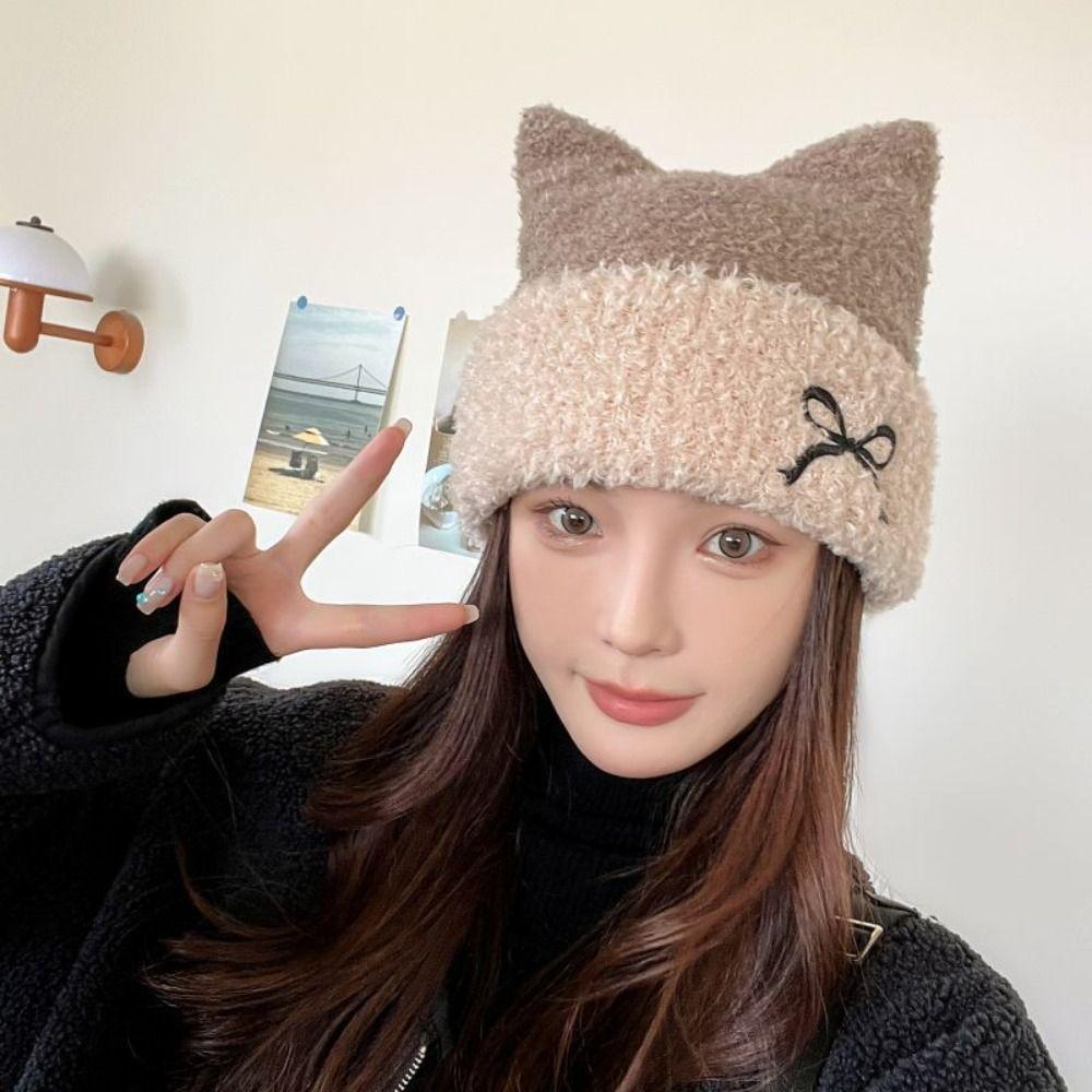Embroidery Cat Ears Hat Bow Winter Knitted Hat Personality Knitted Beanie Hat  Winter/Autumn
