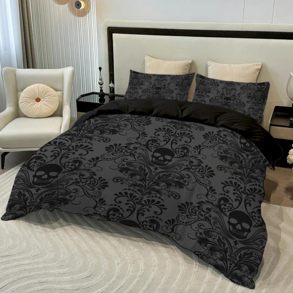 3pcs Skull Flower Duvet Set with Flower Skull Pattern Includes Suitable for All Seasons