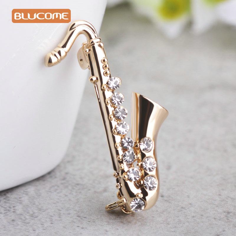 Blucome Броши в форме саксофона, маленькие булавки для костюма, воротник с кристаллами, украшение для одежды музыканта, бижутерия, детские корсажи