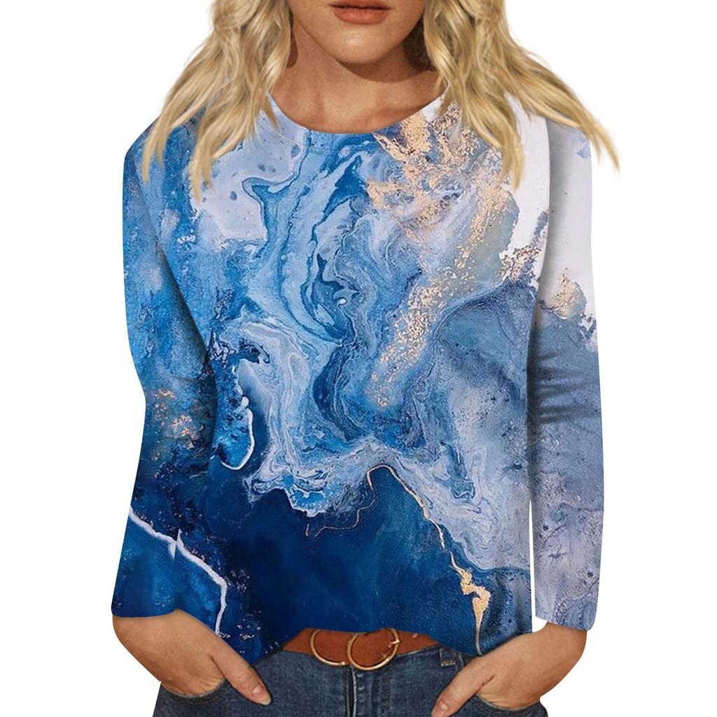 Women's Fashion Casual Long Sleeve Print Round Neck Pullover Top Blouse