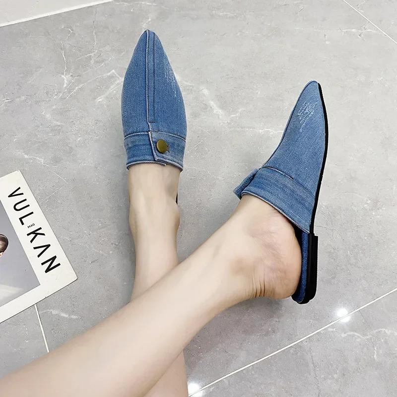 Fashion Washed Denim Flat-bottomed Bag Head Slippers, Women Wear Large-size Pointed Mueller Half-tow Single Shoes