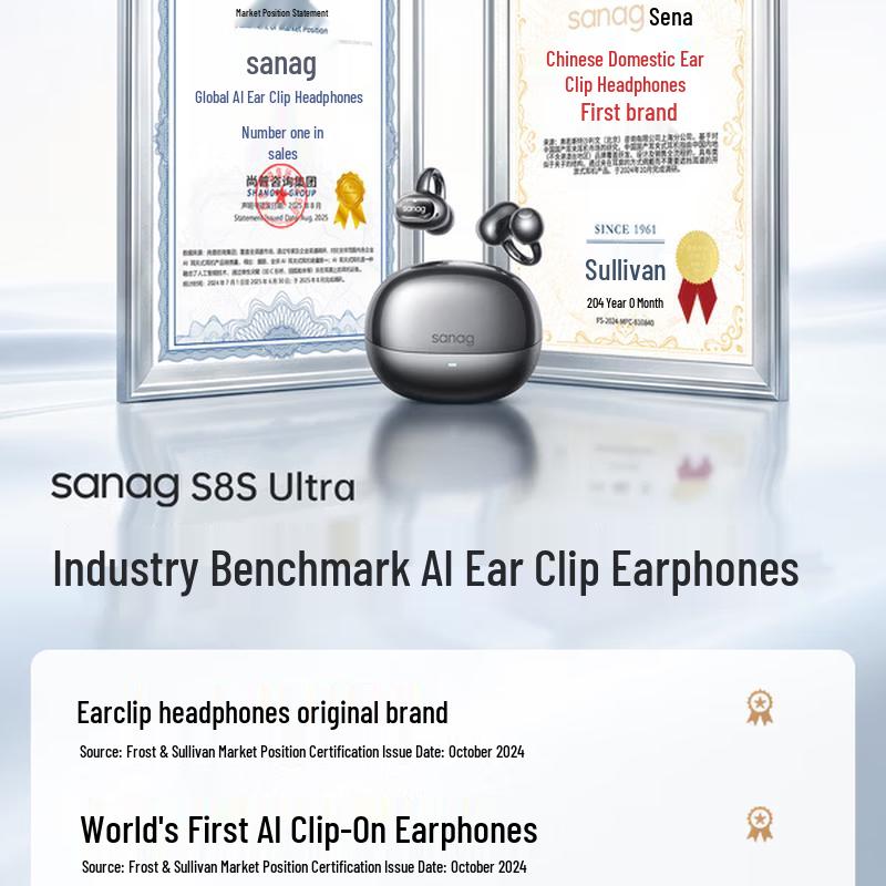 SANAG S8S Ultra Зажим для уха ИИ-переводчик Беспроводные наушники