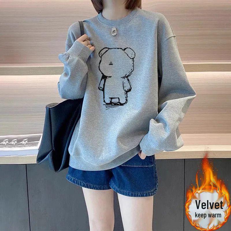 Korean Style Cartoon Jacket: Women's Fleece-Lined Round Neck Pullover Sweatshirt, 2025 Spring/Autumn Collection.
