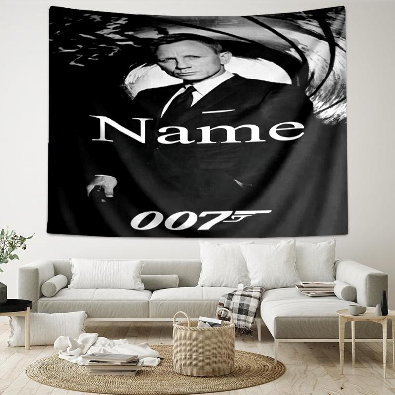Custom Name 007 James Bond Print Tapestry, Backdrop, Easy Setup, Ideal for Bedroom, Office & Living Room, with Aesthetic Wall Hanging Decor.