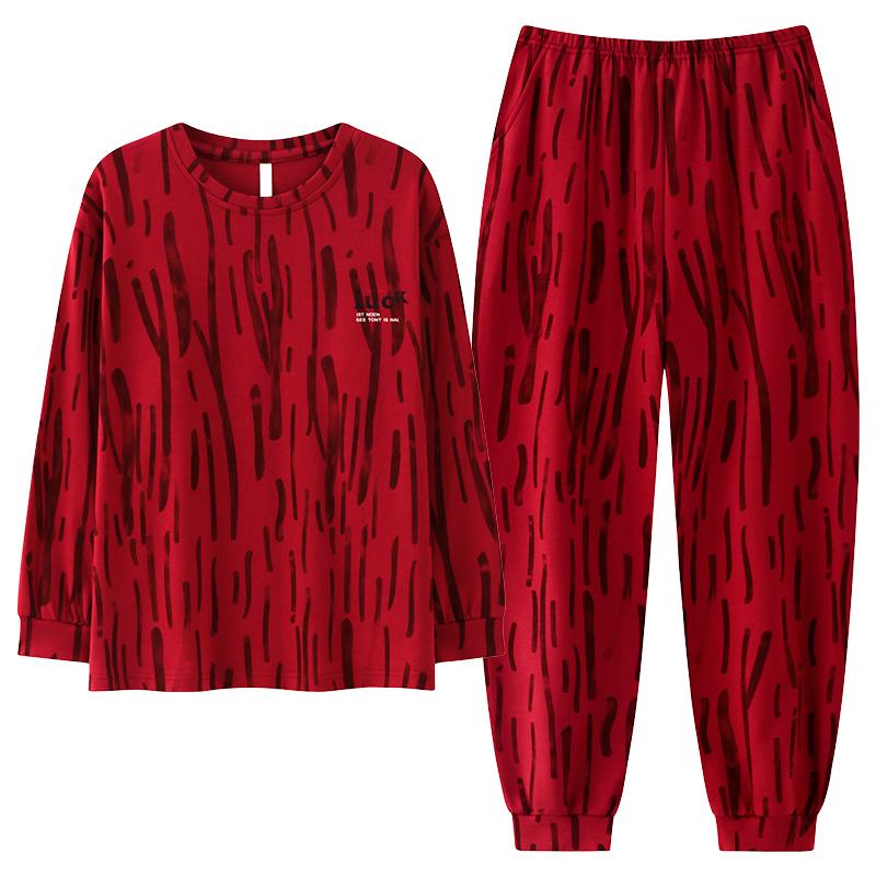 Red striped home suit set for women's autumn and winter warm long sleeved pajamas, a must-have for the New Year's zodiac year