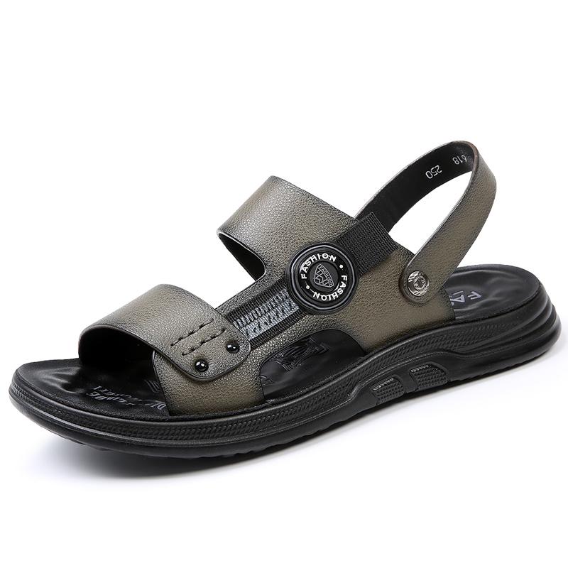 Fashion High End Brand Men's Leather Casual Shoes Lightweight Sandals Summer Beach Men's Beach Shoes Anti Slip Khaki Color Free Delivery