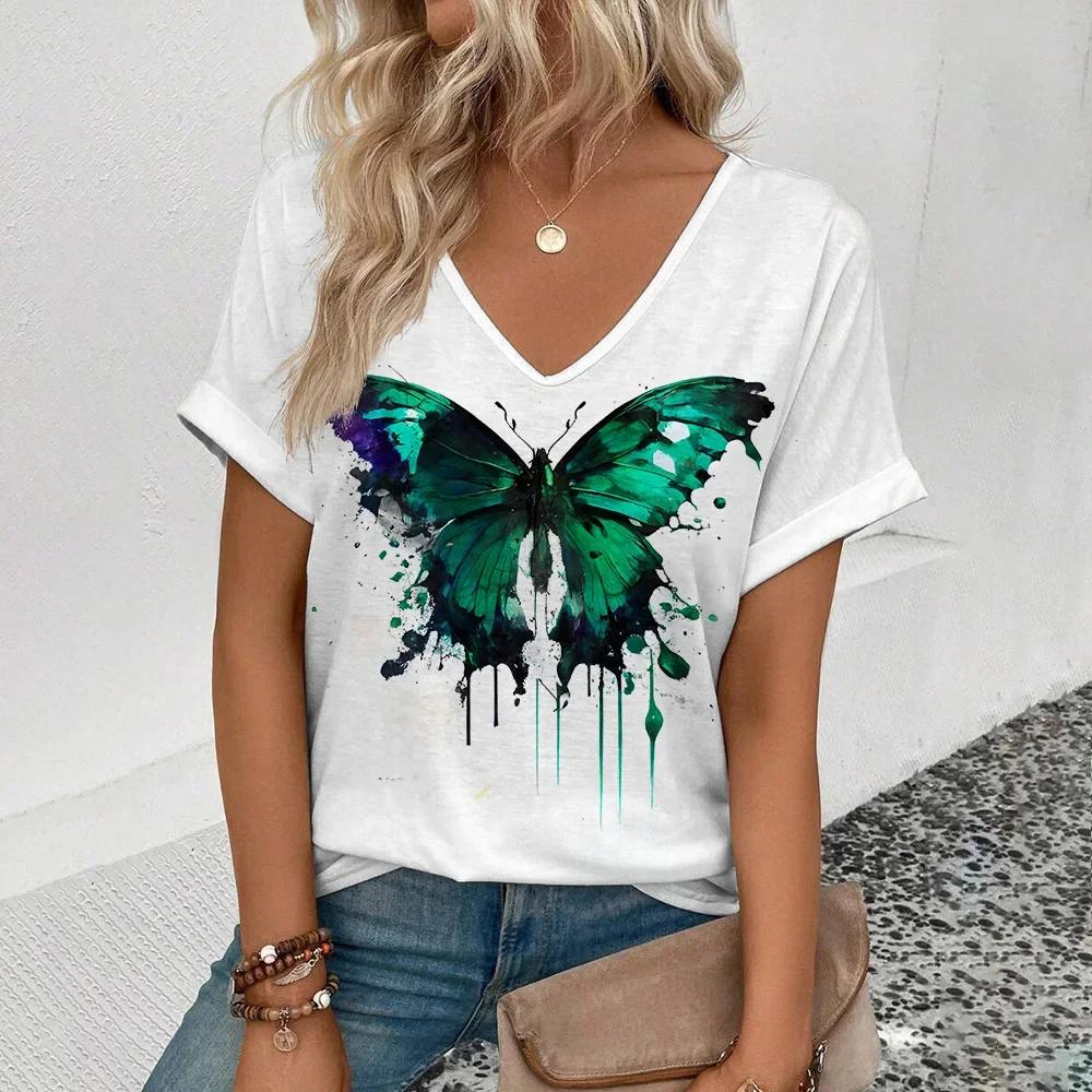 Summer Women T-shirt Butterfly Pattern V-Neck Tops Tees Female Fashion Trend Short Sleeve Clothing Ladies Daily Casual Outfit