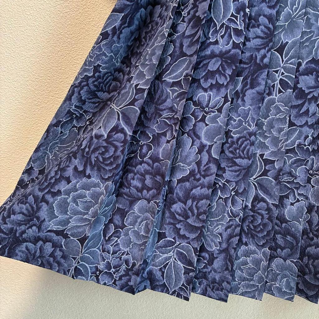 Used Vintage Showa Retro Floral Pleated Cache Coeur Dress Navy One Piece