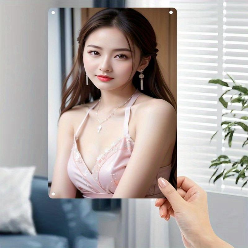 Ретро жестяной плакат Декор стены Металлический плакат - Элегантное женское лицо и пастельно-розовые румяна Арт - Минимализм в корейском стиле