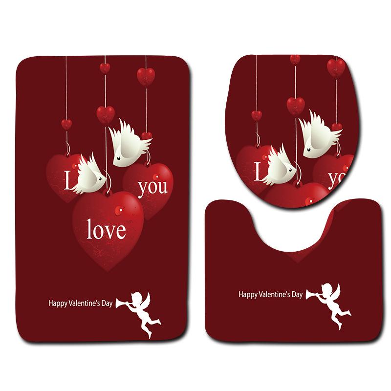 Beautiful And Romantic Valentine'S Day Bathroom Toilet Floor Mat 3-Piece Set