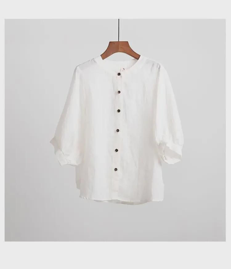 2025 Весна/Лето Женский Ретро-Топ из хлопка и льна с рукавами-фонариками и свободным кроем средней длины