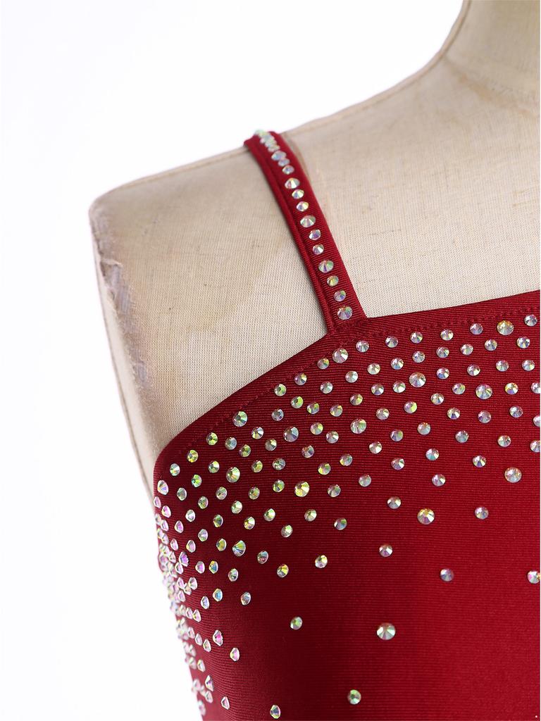 Womens Lyrical Dance Dress Glittery Rhinestones Asymmetrical Shoulder Sleeveless Split Sheer Mesh Performance Gown