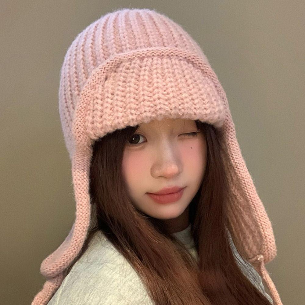 Solid Color Knitted Woolen Hat Korean Style Woolen Crochet Cap Casual Knitted Flying Cap  Outdoor