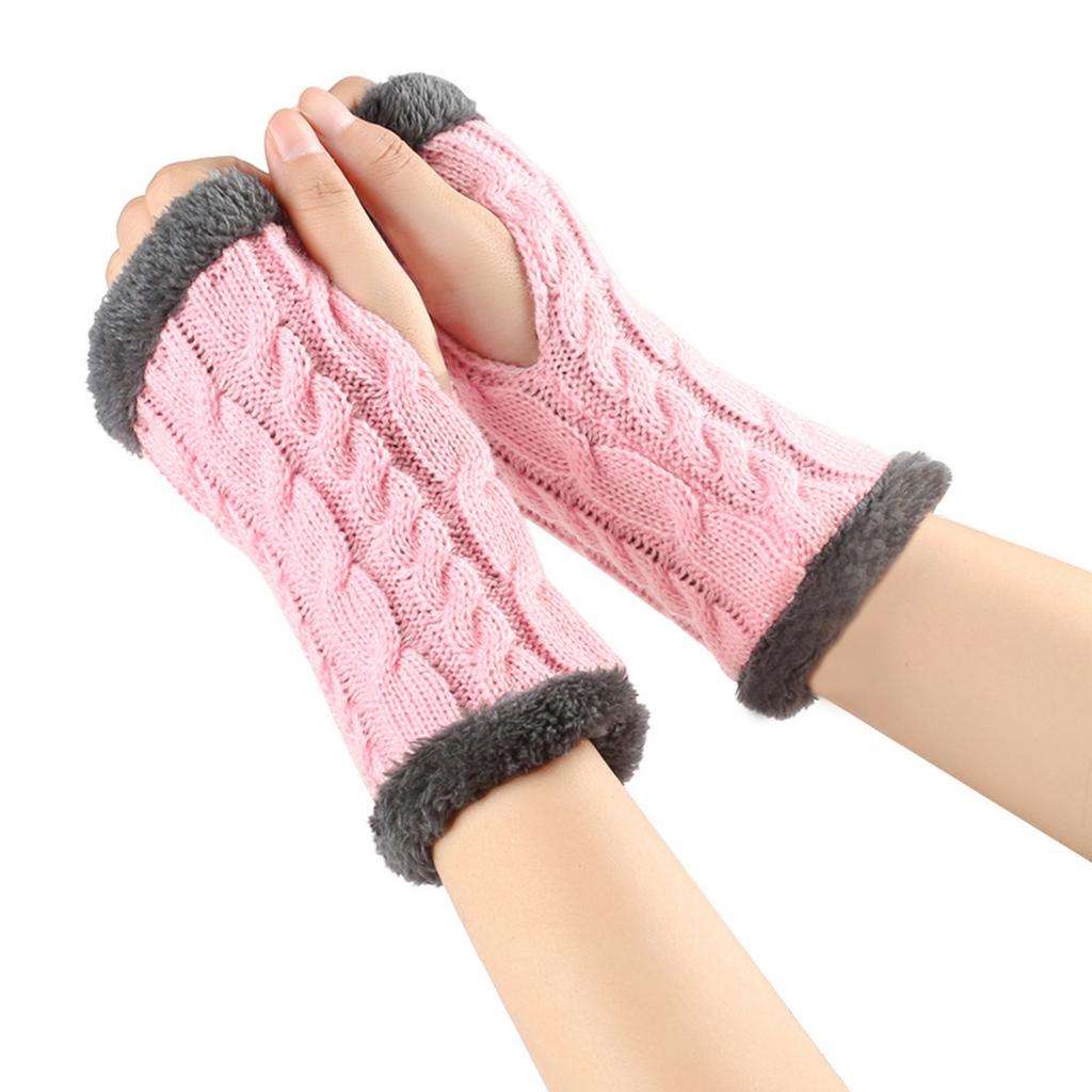 Women's Winter Warm Wool Gloves, Fingerless Twisted Knit Color Short Gloves
