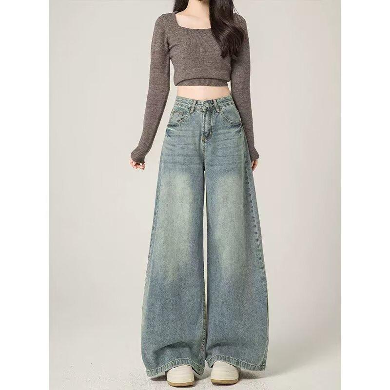 American retro wide-leg jeans women's autumn trend versatile new high-waisted thin drape pants