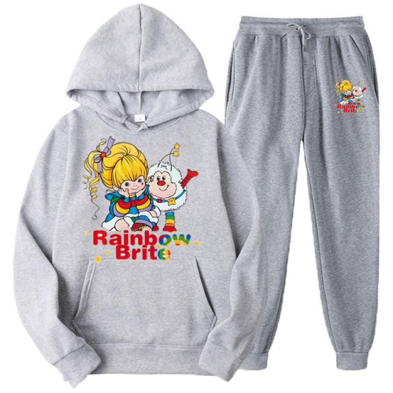 Комплекты спортивных костюмов для мужчин и женщин с принтом Rainbow Brite, повседневная толстовка с капюшоном и брюки, комплекты из 2 предметов, толстовка большого размера, модная одежда унисекс