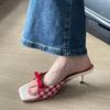 Winter sandals 2024 bow red women's shoes plaid wear a word beautiful French women's high-heeled open-toed cool slippers