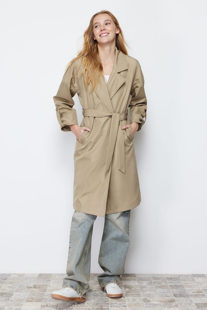Women's Fashion Light Khaki Oversize Belted Water Repellent Long Trench Coat