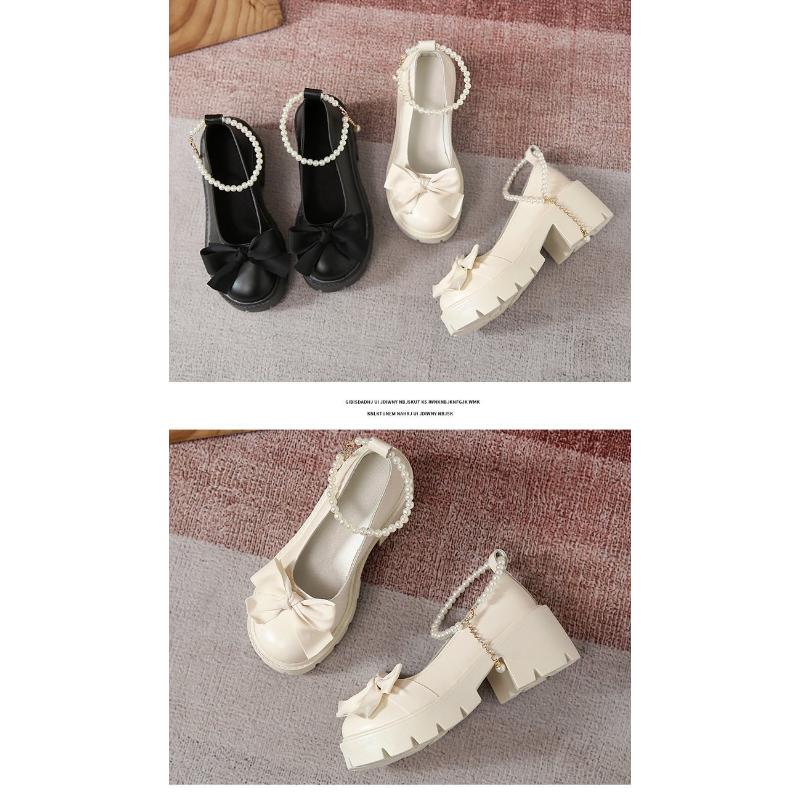 Кожаные туфли, женские туфли Мэри Джейн на толстом французском толстом каблуке с жемчужным бантом и одинарной обувью