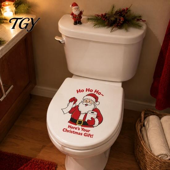 Removable Toilet Lid Art Christmas Stickers, Funny Santa Claus Delivering Tissues Waterproof Tank Seat Bathroom Accessories Decals, Cistern