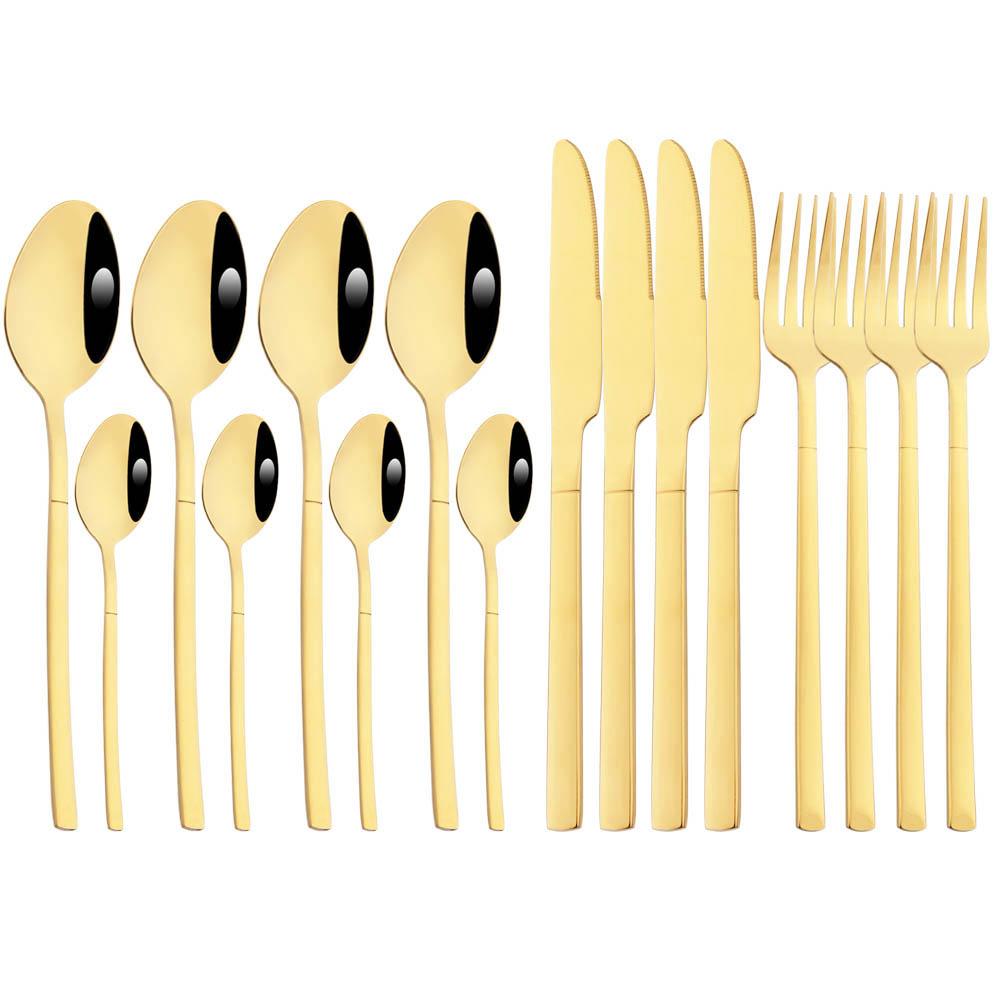 Jankng 16 шт. черные столовые приборы с золотой строчкой, набор посуды из нержавеющей стали, кухонный домашний набор столовых приборов в западном стиле, нож, вилка, ложки, набор посуды