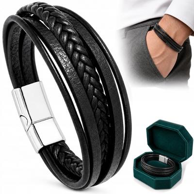 Men' Leather Bracelet Black Braided Adjustable Gift THICK