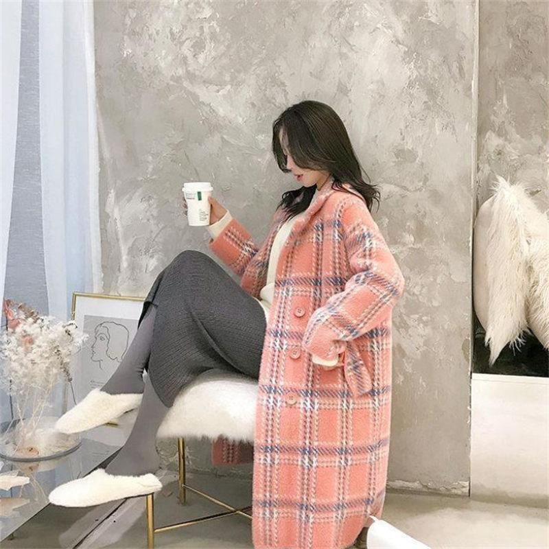 Autumn and Winter New Mid-length Plaid Imitation Mink Velvet Coat Korean Version Loose Thickened Woolen Cardigan Women Coat