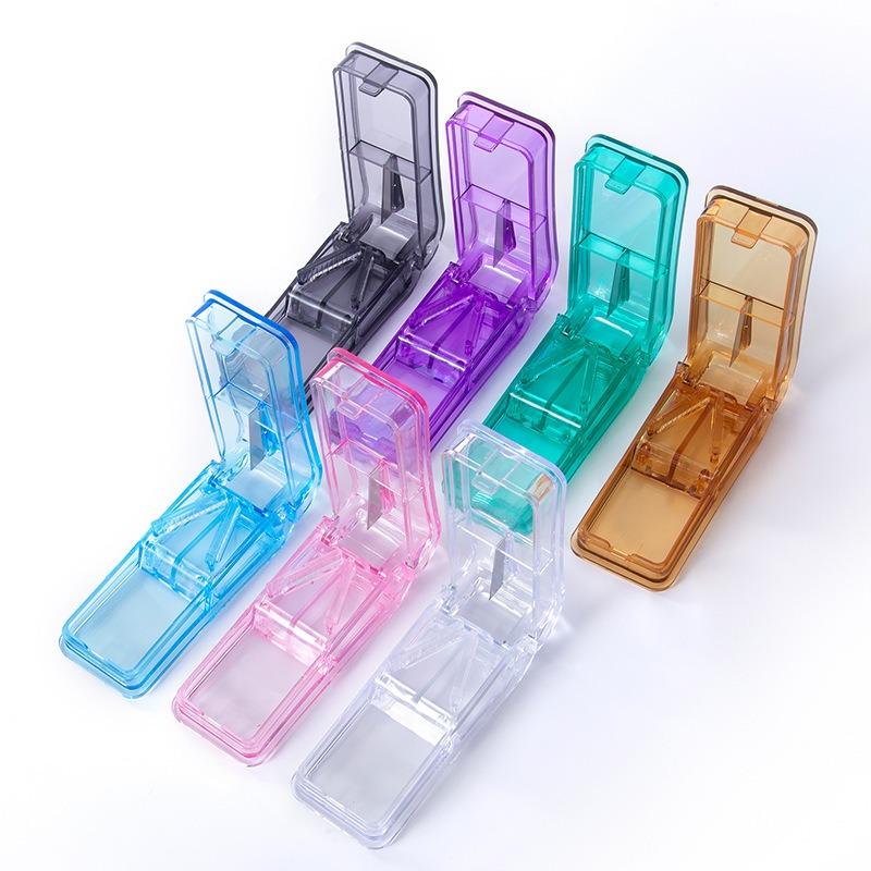 Candy Color Clear Pill Storage Box with Stainless Steel Pill Cutter Tablet Splitter Portable Mini Pill Box Case for Home Travel