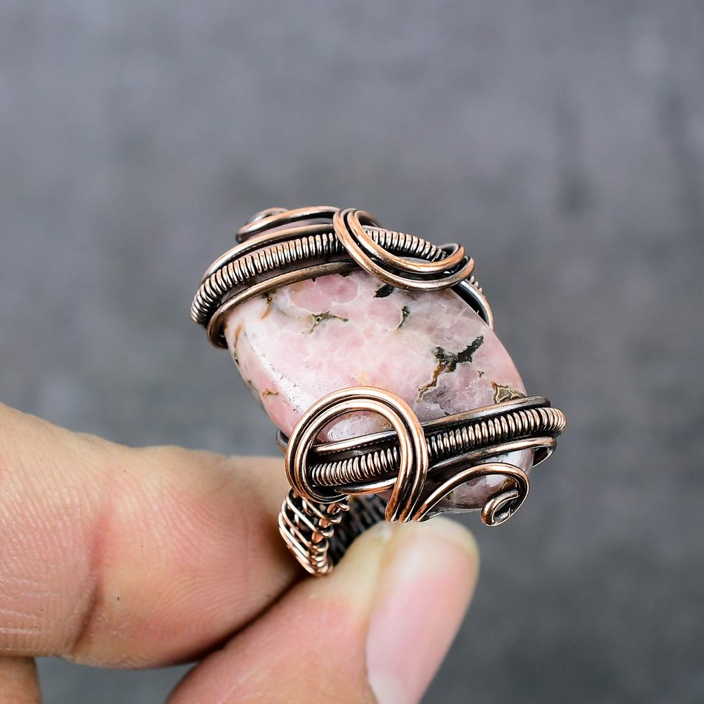 Natural Rhodochrosite Gemstone Copper Wire Wrap Gift Jewelry Ring Size 9 y1K05