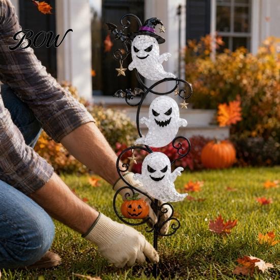 Wrought Iron Ghost Yard Stake Halloween Garden LED Light, Waterproof Ground Decorative Stakes for Lamp, Outdoor Lawn Path Decoration Holiday