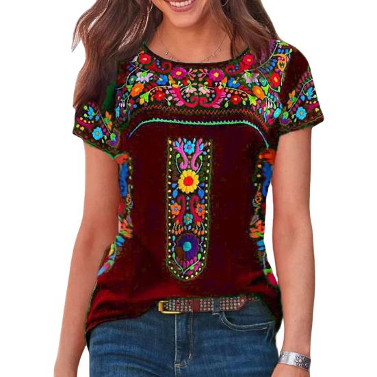 O-neck Short Sleeve Loose Fit Women T-shirt Vintage Boho Ethnic Floral