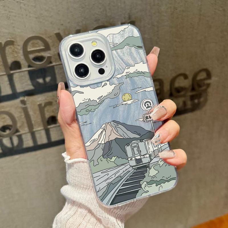 Чехол для телефона с мультяшным принтом «Горы» для iPhone 16, 15, Pro, Max, 14, Pro, 13, 12, 11, прозрачный, ударопрочный, гибридный, TPU, PC, глянцевый, тонкий чехол