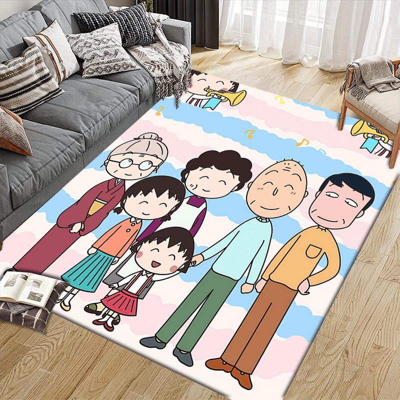 Chibi Maruko‑chan Flannel Pattern Square Carpet,Area Rug,Carpet Rug for Living Room Bedroom Sofa Playroom Decor,Non-slip Floor Mat