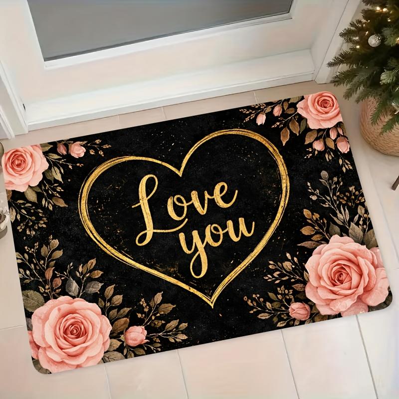 1pc Romantic Pink Rose Heart Flannel Floor Mat, Entrance Doormat, Non-Slip Absorbent Decorative Foot Mat for Bedroom, Kitchen, Bathroom