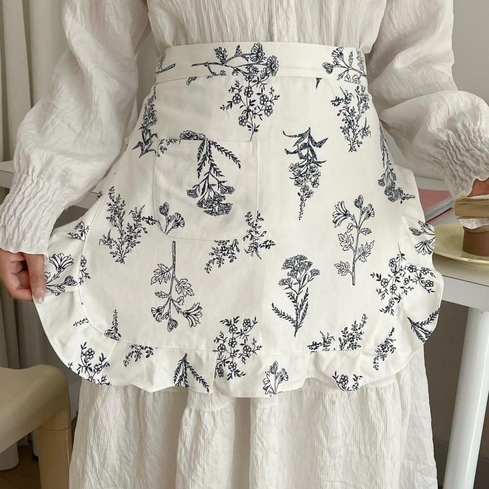 Fashion Floral Plaid Half Apron with Pocket Kitchen Cafe Baking Apron Restaurant Work Chef Waiter
