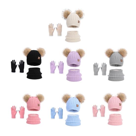 3Pcs/Set Children Winter Hat Scarf Gloves Set Plush Lining Fluffy Ball Decoration Knitting Hat Neckerchief Gloves Set