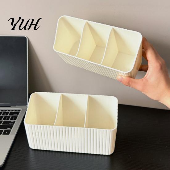 Dressing Table Organizer Desktop Storage Box with Three Compartments, Vertical Stripes Plastic Study Organizer, Space Saving Container for Cosmetics