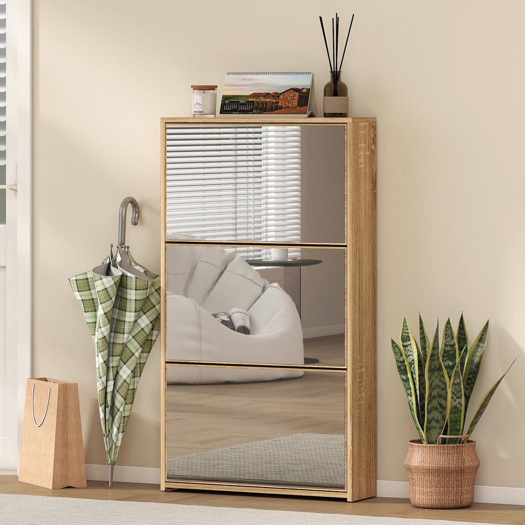 Mirrored Shoe Rack, 3 Flap Drawers, 9 Pairs, Wood, 65x17x114.5cm, Wood Color