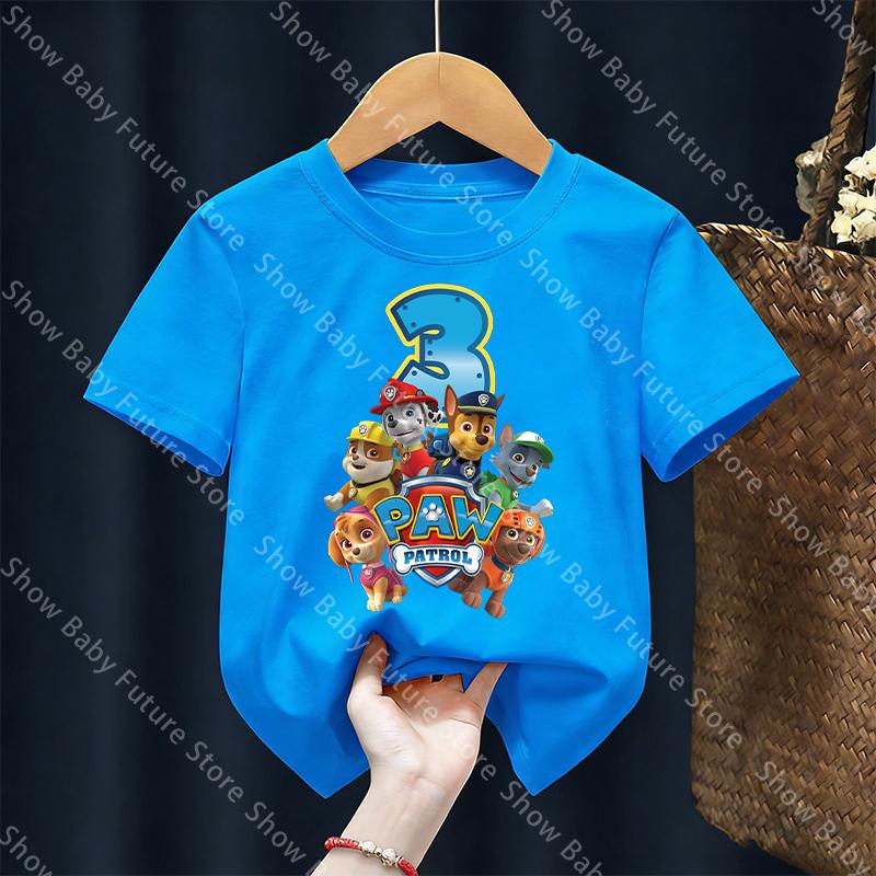 New Cartoon Summer T Shirt Paws Patrols Birthday Number Clothes for Boys Girls Cute Tops Fashion Kawaii Breathable Short Sleeve